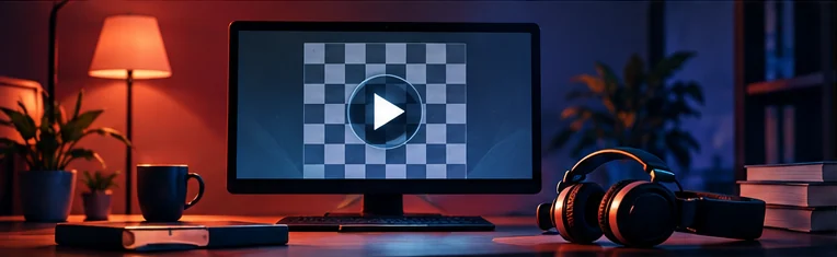 Illustration originale : écran avec symbole de lecture, casque et ambiance de visionnage d’une partie d’échecs.